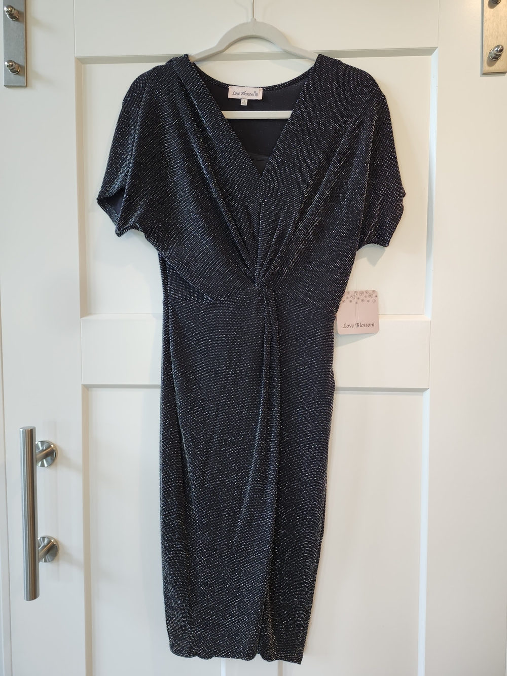 Love Blossom Black Shimmer Twist-Front Midi Dress